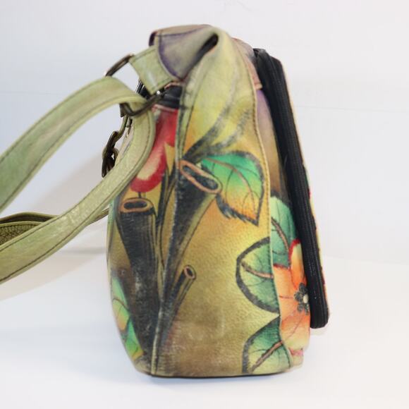 Anuschka Hand-Painted Leather Crossbody Bag Cat & Bird Floral - Picture 4 of 9